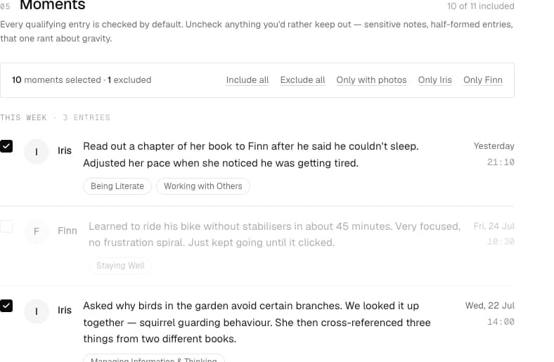 The report builder, with every moment carrying its own checkbox to include or exclude it